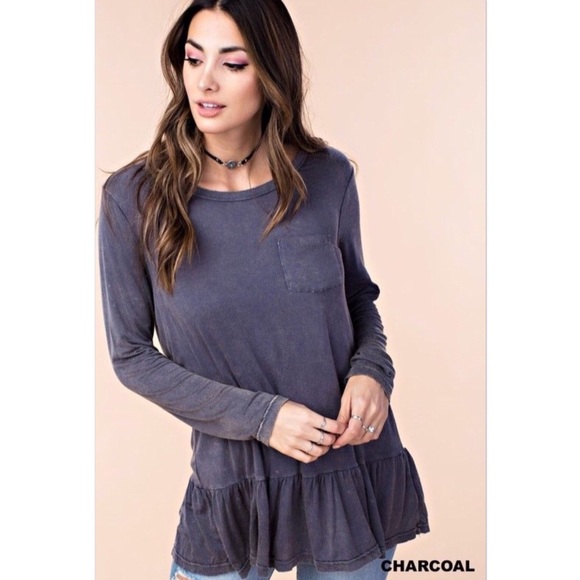 Navy Mineral Wash Pocket Top Ruffle Tunic Top - Picture 2 of 4